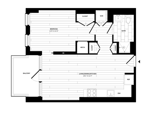 Floor plan for 1 bed, 1 bath, 711 sqft